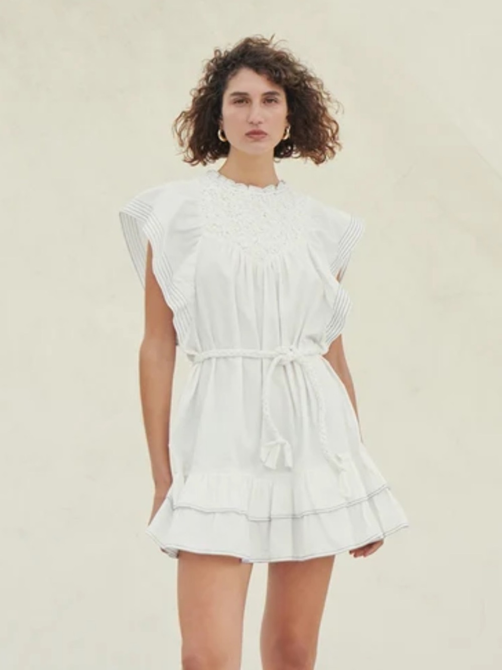 Saylor Women's Medium Chantae Mini Dress Babydoll White Cotton Smocked Flutter